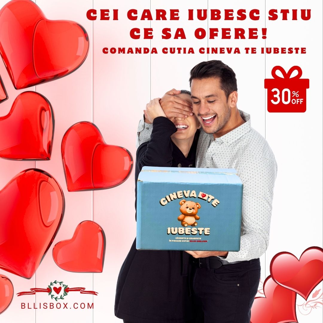 un cuplu fericit care ține Cutia „Cineva Te Iubește” de la BllisBox, un cadou special pentru orice ocazie.