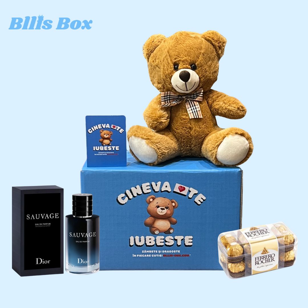 Cutie cadou BllisBox Deluxe pentru bărbați, cu parfum Dior Sauvage, pluș, bomboane și felicitare.